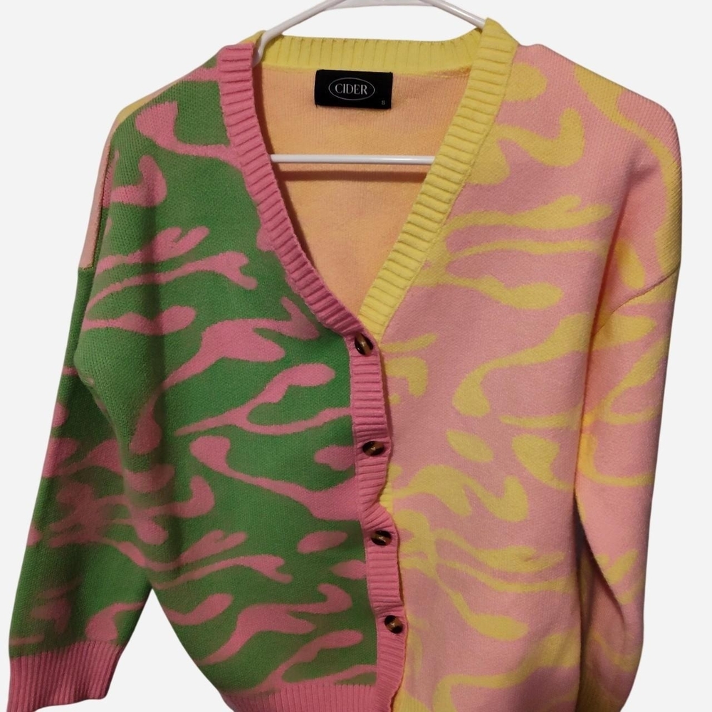 Cider Pink, Green & Yellow Patterned V-Neck Cardigan